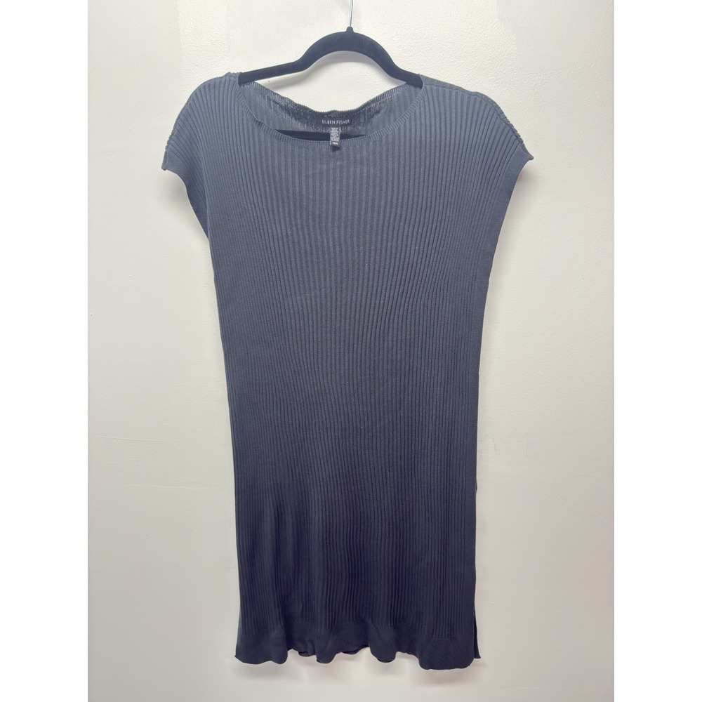 EILEEN FISHER  Tencel Ribbed Tunic Boat Neck Cap‎ Sleeve Pullover Gray Medium #2